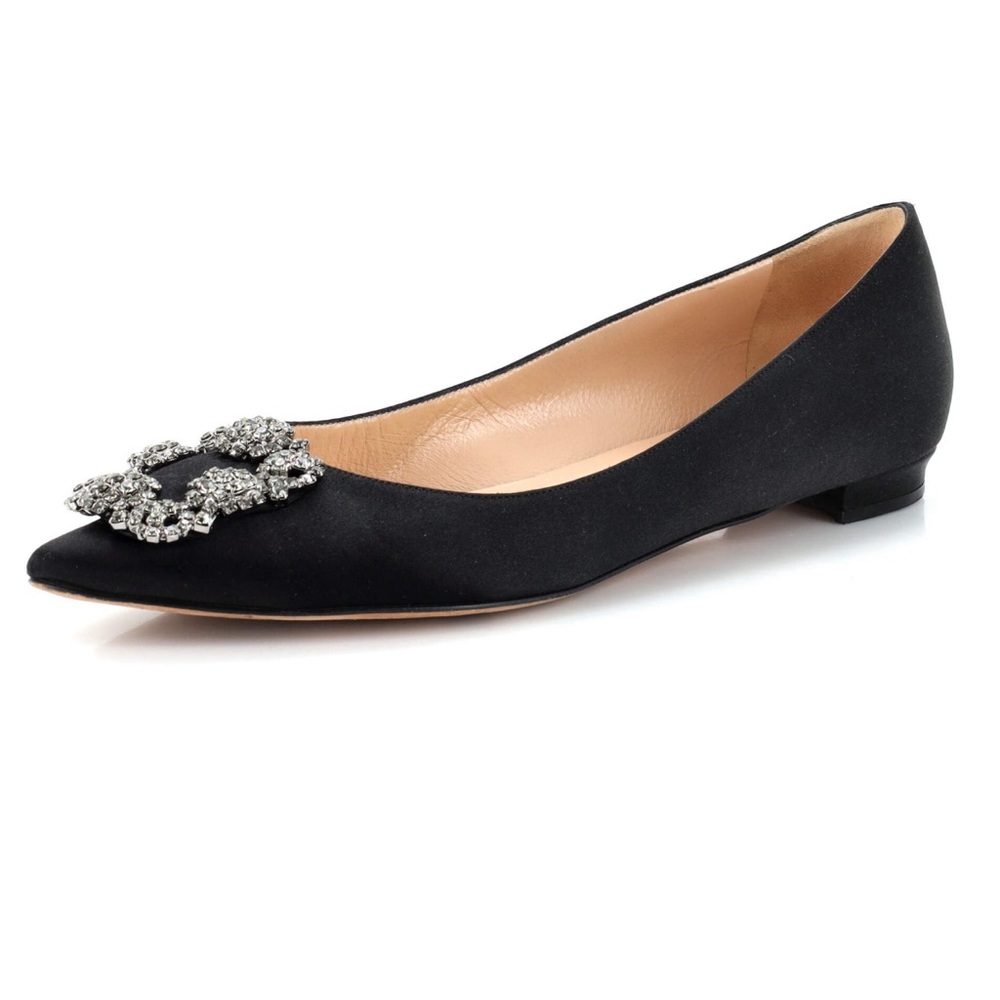 Manolo Blahnik Hangisi Crystal-Buckle Satin Flat in great preowned conditions